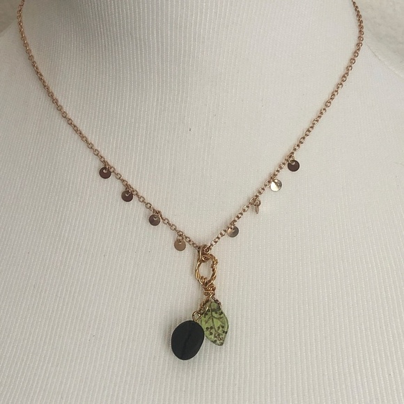 NWOT Coffee bean and green leaf necklace with gold tone chain - Picture 2 of 4